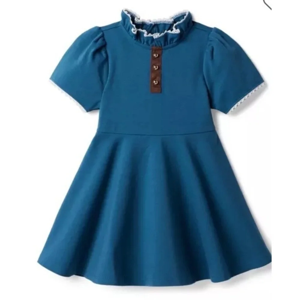 Janie and Jack Button Ruffle Collar‎ Ponte Dress 6 Teal Dressy Stretch Party